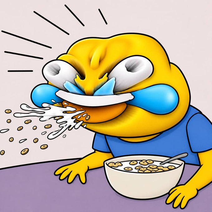 A cartoon yellow character is depicted furiously spitting out cereal and milk from its mouth, with a bowl of cereal in front of it. The image humorously illustrates "sending out tokens," portraying the forceful expulsion of small objects (tokens) from the character's mouth, akin to a token launch or distribution event.