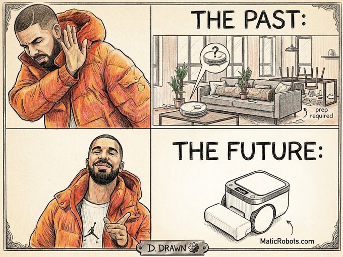 The image is a comic by D. DRAWN contrasting "THE PAST," showing a man frustrated by a robot vacuum requiring extensive room preparation, with "THE FUTURE," depicting the same man smiling approvingly next to a sleek, modern Matic robot (MaticRobots.com), suggesting Matic's technology eliminates the hassles of traditional robot vacuums.