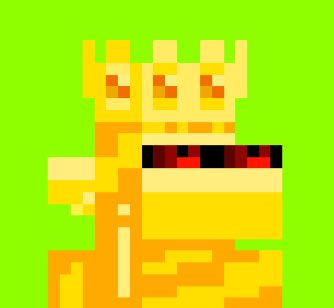 A pixelated, retro-style illustration of a yellow/orange character with a crown-like headpiece on a bright green background.