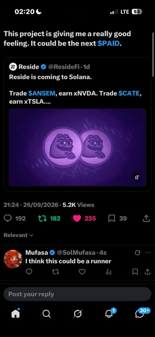 A screenshot of a tweet from @ResideFi announcing "Reside is coming to Solana," with text promoting $ANSEM, xNVDA, $CATE, and xTSLA, showing 5.2K views.