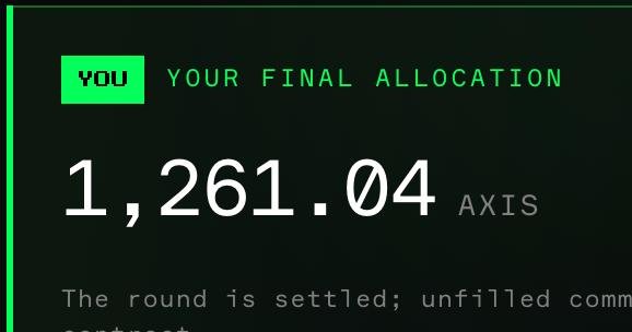 A green and black digital notification displays "YOUR FINAL ALLOCATION" of "1,261.04 AXIS," confirming the user's personal token allotment from the Axis Robotics community sale. The image aligns with the post by showing the settled final allocation amount following the sale's fulfillment.
