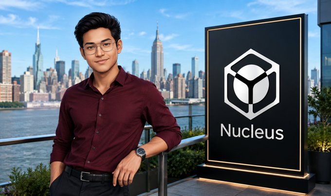 A young man in a maroon shirt stands on a balcony with a city skyline view next to a large black sign displaying the 'Nucleus' logo.