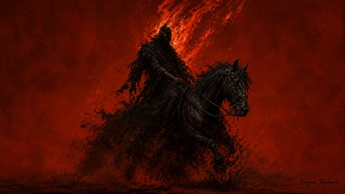 A dark, shadowy rider on a black horse emerges from flames against a blood-red sky, evoking the apocalyptic horseman imagery often associated with crypto "rug pull" or bear market themes in NFT community posts. The artist signature "Enyaua Rodriguez" appears in the bottom right corner, fitting the shoutout to @GRIMINK1 and other tagged artists being promoted in the accompanying "quote tweet" engagement request.