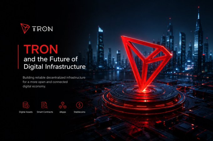 A promotional graphic for TRON titled 'TRON and the Future of Digital Infrastructure,' highlighting decentralized infrastructure for a digital economy with features like Digital Assets, Smart Contracts, dApps, and Stablecoins.