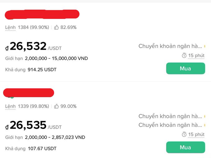A cryptocurrency trading interface in Vietnamese shows buy orders for USDT at prices of 26,532 and 26,535, with limits given in Vietnamese Dong (VND).