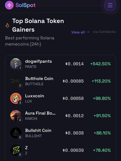 A screenshot from SolSpot showing "Top Solana Token Gainers" with memecoins like dogwifpants (+542.50%), Butthole Coin (+113.20%), and Luxxcoin (+98.80%).