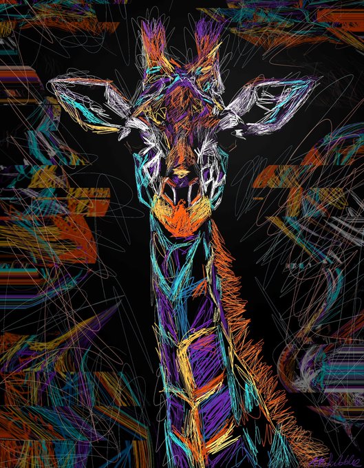 A vibrant, neon-colored digital artwork of a giraffe rendered in chaotic, sketchy lines against a black background, posted to promote its sale as an open-edition NFT collection called "The Pinnacle" on imcollectibles.io, priced at 0.66 XRP with a limit of 10 per wallet.