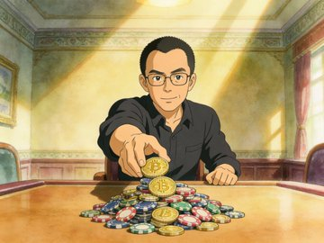 The image shows an animated man in a black shirt seated at a table, reaching forward to grab a pile of colorful Bitcoin and cryptocurrency coins. The accompanying post promotes Binance, a leading cryptocurrency exchange, visually reinforcing the message by depicting someone collecting Bitcoin coins.