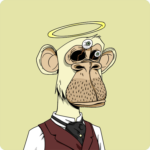A cartoon illustration of a Bored Ape-style monkey character wearing a white shirt, maroon vest, and black tie, with a yellow halo above its head and hypnotic spiral eyes.