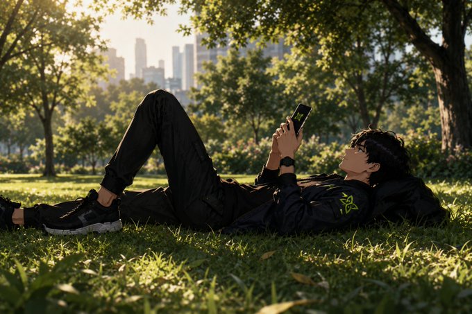 An anime-style illustration of a young man with dark hair lying on grass in a park, holding a smartphone, wearing black clothes with a green butterfly/star emblem, with a city skyline visible in the background.