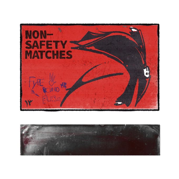 A red matchbook cover labeled 'NON-SAFETY MATCHES' featuring a black illustration of a creature or figure, with handwritten graffiti reading 'FYRE FOUND ME' and 'JOSH,' shown above a black striking strip.