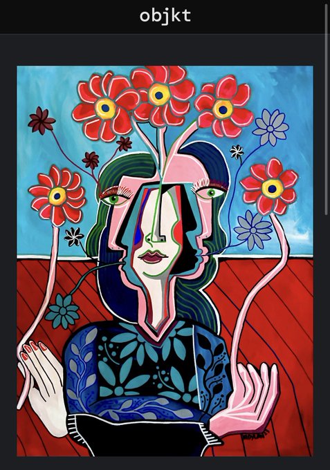 A colorful, cubist-style portrait of a woman with blue hair holding red blooms, displayed under an 'objkt' header.