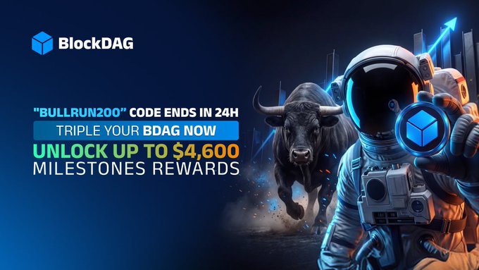A promotional banner for BlockDAG advertises a 'BULLRUN200' code ending in 24H, offering to triple BDAG with milestone rewards up to $4,600, featuring a charging bull and an astronaut.
