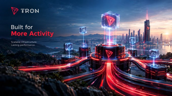 A promotional graphic for the Tron blockchain network reads 'Built for More Activity - Scalable infrastructure. Lasting performance.' over a futuristic neon-lit cityscape.