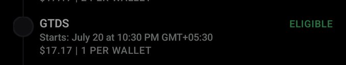 Dark-themed notification showing a GTDS airdrop claim at $17.17 per wallet, starting July 20 at 10:30 PM GMT+05:30, marked as 'Eligible.'