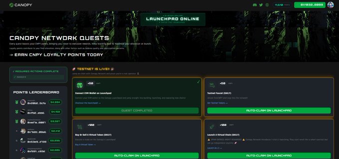 The image presents a screenshot of a website called "CNPY Network Quests" which appears to be an online marketplace for networking events, where users can list their properties or services for free. The website has been recently launched and is open for public viewing.