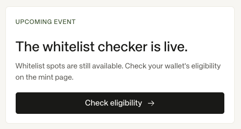 An upcoming event notification announces "The whitelist checker is live," inviting users to verify their wallet eligibility for Standard Reserve ($STANDARD) by clicking a "Check eligibility" button, directly supporting the post's interest in the project's whitelist spots and token distribution.