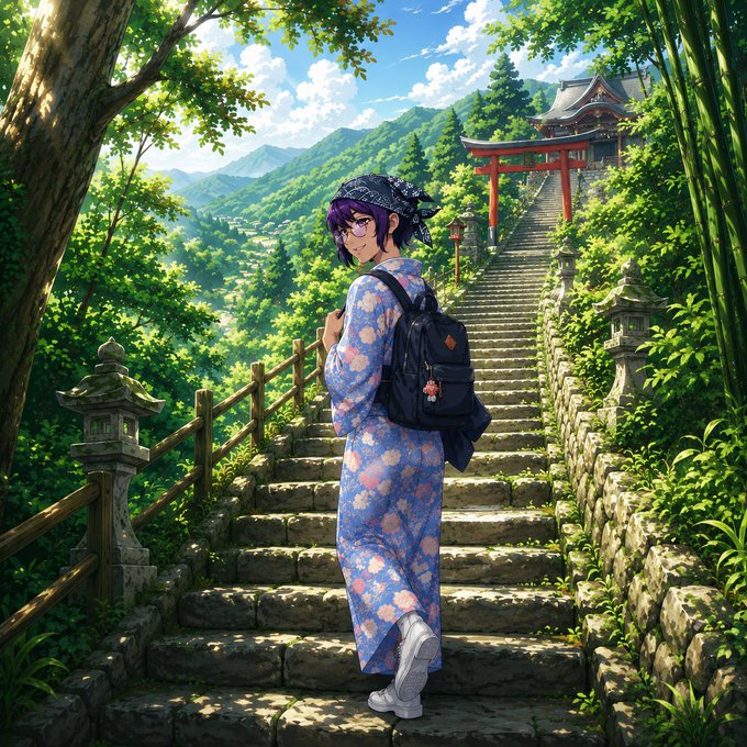 An anime-style illustration shows a person with purple hair in a blue floral yukata and Santa hat standing on stone steps, with a red torii gate and traditional Japanese temple in the lush green mountain background.