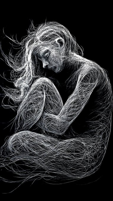 A striking black and white artistic rendering of a seated, hunched female figure composed of hundreds of swirling, wire-like lines against a solid black background.