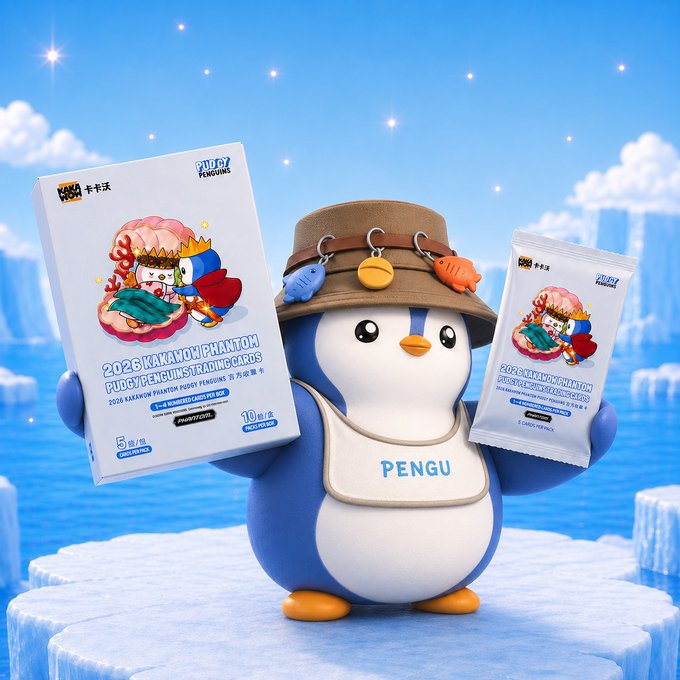 A 3D-rendered penguin mascot wearing a hat with fishing lures, standing on ice and holding two boxes of "2026 KAKAWOMI PHAMTOH FUOGY PEMGUIN TRADING CAROS" trading cards in a snowy arctic setting.