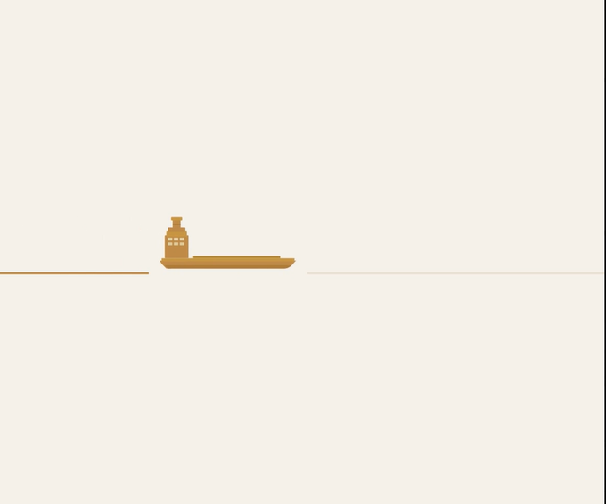A minimalist digital illustration of a small brown boat with a structure on it, sitting on a thin line representing water against a plain white background.
