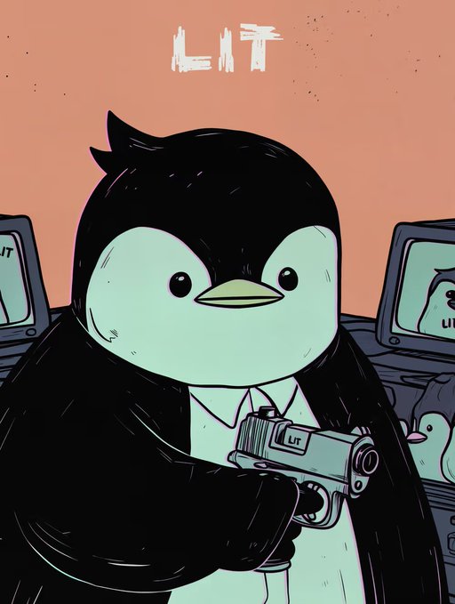 A cartoon illustration of a penguin character holding a pistol labeled "LIT," with "LIT" written above on an orange background, and other penguin characters visible on monitors behind it.