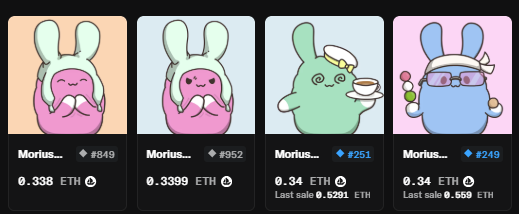 Four colorful cartoon rabbit NFT characters from the 'Mori...Mori' collection are displayed with prices in ETH, showing IDs #849 (0.338 ETH), #952 (0.3399 ETH), #251 (0.34 ETH), and #249 (0.34 ETH).
