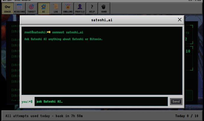 A screenshot of a retro-styled hacking or hacking-game interface showing a terminal window labeled 'satoshi.ai' where the user has typed 'Ask Satosi AI.' in the prompt, with tabs for CRACK, BEGGING, TARGET, AI, LOG, and ENEMIES.