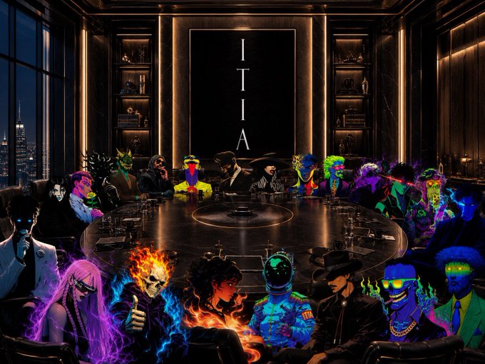A stylized digital artwork showing colorful, glowing characters with supernatural elements seated around a round table, with the word 'INITIA' displayed on a large screen in the background.