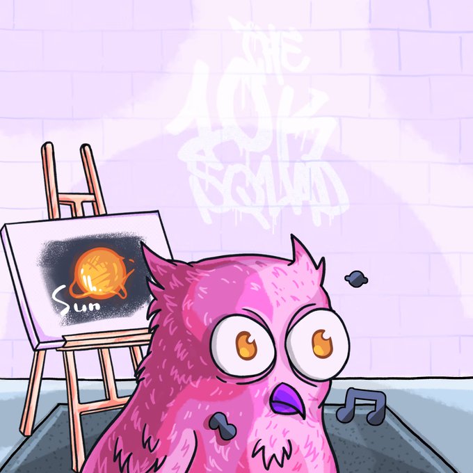 A cartoon-style pink furry creature with large eyes looking surprised, standing next to an easel. The canvas shows a drawing of the sun labeled "Sun", while graffiti on the brick wall behind reads "SHE LOST HER MIND".