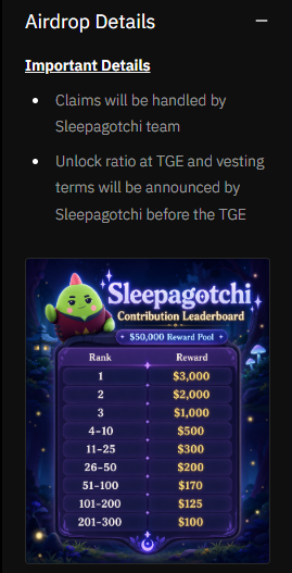 An 'Airdrop Details' screen outlines the 'Sleepagotchi' reward program, noting that claims will be handled by the team and listing a tiered 'Contribution Leaderboard' with prizes ranging from $3,000 down to $100.