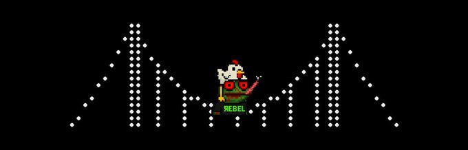 A pixel-art design on a black background features an audio waveform pattern made of white dots with a small character labeled 'REBEL' in the center.
