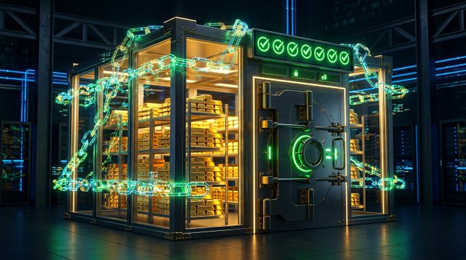 A digital rendering of a futuristic high-security vault or server room filled with gold bars, surrounded by glowing green digital chains and checkmarks.