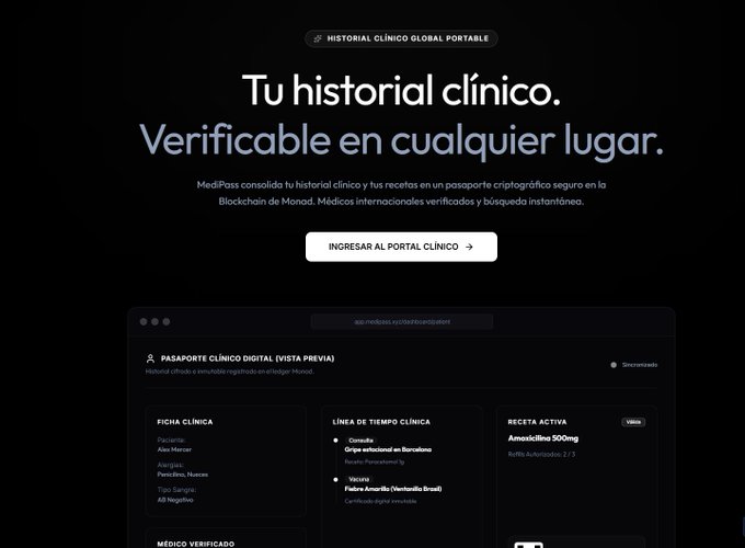 The image shows a page from a medical portal with black text, including "Hoy en la hackaton Blitz de @monad_dev en @crecimiento armos MediPass: el pasaporte médico descentralizado para nómadas digitales. medipass-phi.vercel.app". The post highlights that MediPass is a secure portal for accessing medical records and that it supports legacy protocols such as XMLHttpRequest for legacy systems. It suggests using this portal for sharing medical data securely with other parties, which would be beneficial for both healthcare providers and patients.
