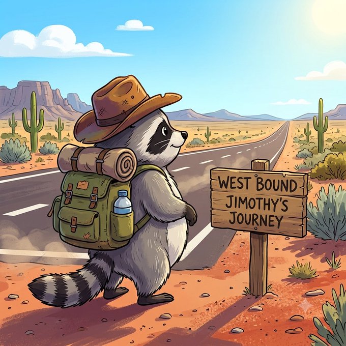 A cartoon illustration of a raccoon wearing a cowboy hat and backpack standing by a road sign that reads 'WEST BOUND JIMOTHY'S JOURNEY' in a desert setting.