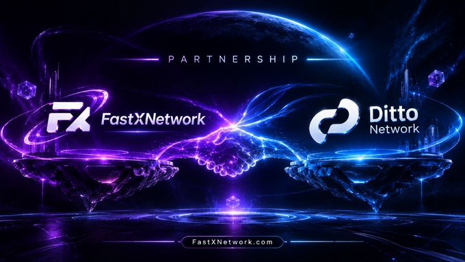 The image promotes a partnership announcement between FastX Network and Ditto Network, featuring their logos displayed on a cosmic-themed design with a handshake graphic and the word "PARTNERSHIP" above, alongside the URL FastXNetwork.com at the bottom.