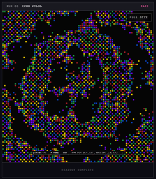 A terminal interface displays a readout labeled "READOUT COMPLETE" showing "RUN 01: ECHO PRSG" at the top with "KAI1" and "FULL SIZE" indicators, featuring a dense field of multicolored pixel-like dots arranged in swirling patterns against a black background. The technical aesthetic visually reinforces the post's framing of quantum cryptographic outputs as tangible, interactive security products rather than abstract metrics.
