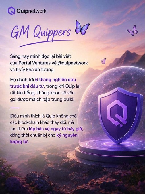 A promotional graphic for Quipnetwork features a purple shield emblem set against a dreamy sky with butterflies, accompanying a Vietnamese post praising the project's quiet development approach and its $Quip token's role in protecting blockchain infrastructure for the quantum era, as noted by Portal Ventures' 6-month research before investing.