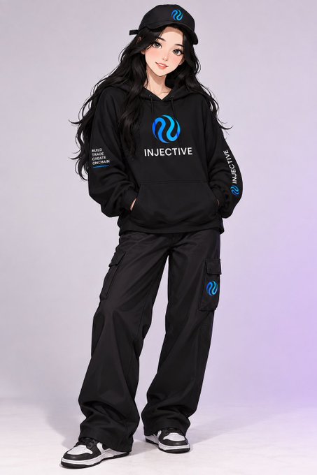 An illustration of a woman wearing a black "INJECTIVE" hoodie and cargo pants set, paired with a black cap.