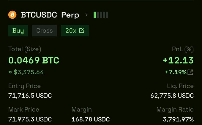 A bullish BTCUSDC perpetual futures position showing a 20x leveraged long with 0.0469 BTC (~$3,375.64) in profit at +7.19% (+12.13%), with a liquidation price of $62,775.8—visually all green numbers to match the "I LIKE ONLY GREEEEEN" sentiment.