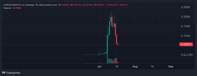 A TradingView 1D chart of CASHCAT/WETH on Uniswap showing a steep pump to ~$0.20 followed by a sharp crash back to $0.05541 (-8.84%), visually reinforcing the post's mocking take that traders still chasing this failed meme token are struggling in the trenches.