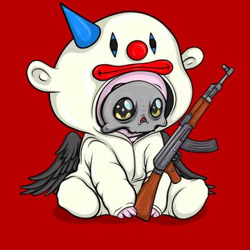 A cartoon illustration shows a small grey character wearing a clown costume complete with a white hood, red nose, and blue horn, holding an AK-47 style rifle against a solid red background.