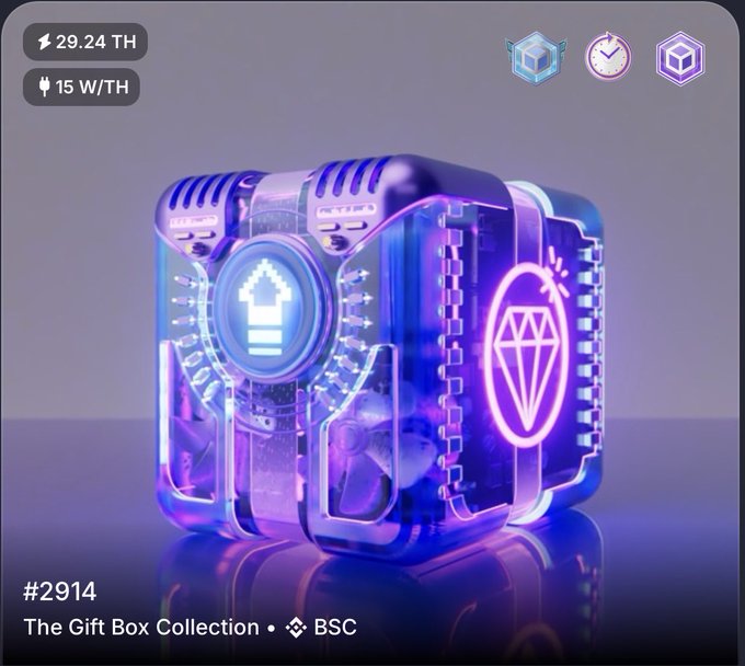 A digital 3D rendering of a futuristic, translucent purple cube featuring neon glowing icons. The cube displays '29.24 TH' and '15 W/TH' in the top left, and is labeled '#2914 The Gift Box Collection • BSC' at the bottom.