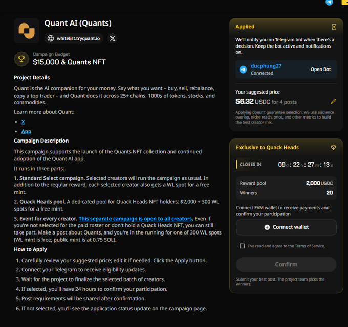 Screenshot of the whitelistr.tryquant.io campaign page for 'Quant AI (Quants)' with a $15,000 & Quants NFT budget, showing an applied status for user ducphung27, a suggested price of 58.32 USDC for 4 posts, and a Quick Heads pool closing in 09 days with a 2,000 USDC reward pool for 20 winners.