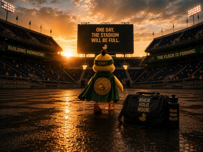 An AI-generated image of a yellow duck wearing a green cape and a 'DINKY' headband, standing in an empty stadium at sunset, facing a scoreboard that reads 'ONE DAY, THE STADIUM WILL BE FULL.'