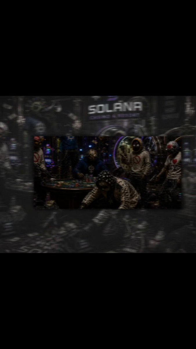 The image features a group of people gathered around a table, with one person sitting at the table looking down while others stand nearby. The background includes a sign that reads "SOLANA" along with some text about the importance of not being dumb in life. The overall atmosphere seems to be somewhat dark and moody, with the focus on the group's interaction and the message behind it.
