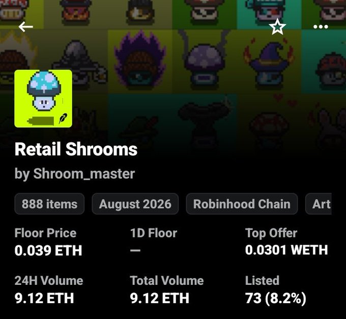 Screenshot of an NFT collection page on a marketplace showing 'Retail Shrooms' by Shroom_master, with 888 items, listed on Robinhood Chain, showing a floor price of 0.039 ETH and 24H volume of 9.12 ETH.