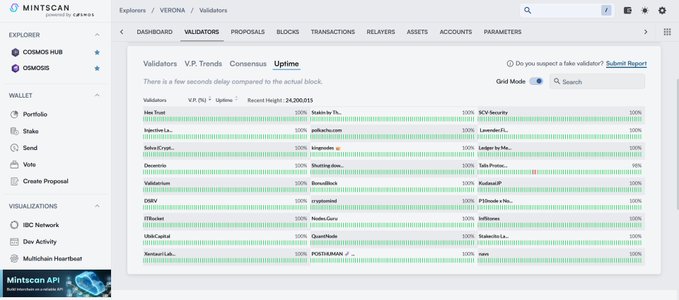 A Mintscan dashboard showing validators for the Cosmos Hub, with names like Injective Labs, Sikka, Cosmostation, and Forbole, all at 100% uptime and grid mode active.