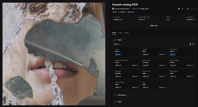 An NFT collection page titled '1mouth analog #115' by artist 0x0bae_xft3 shows a surreal portrait of a person drinking water with a metallic mask over their face, alongside a trait table.