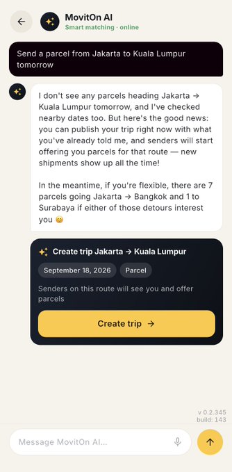 A chat interface with "MovitOn AI" where a user requests to send a parcel from Jakarta to Kuala Lumpur, and the AI responds that no parcels are available while suggesting alternative routes.